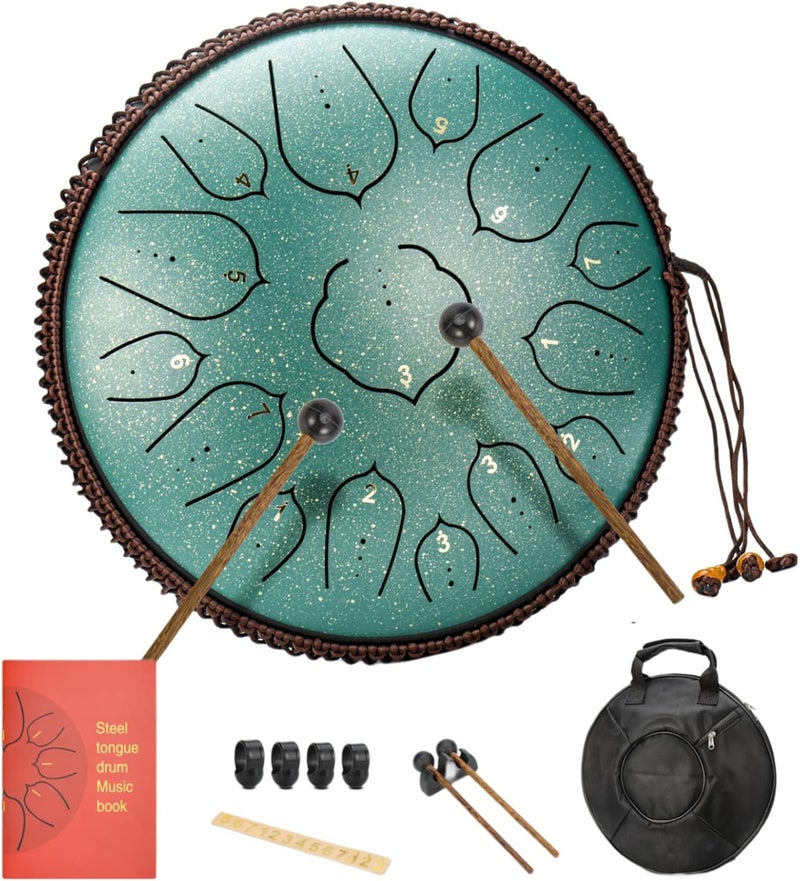 BURNING&LIN Steel Tongue Drum 14 Inches 15 Notes Hand Pan Drum Rain Drum Percussion for Meditation Yoga Musical Education for Adult& Kids(Lotus Green) - Image 1